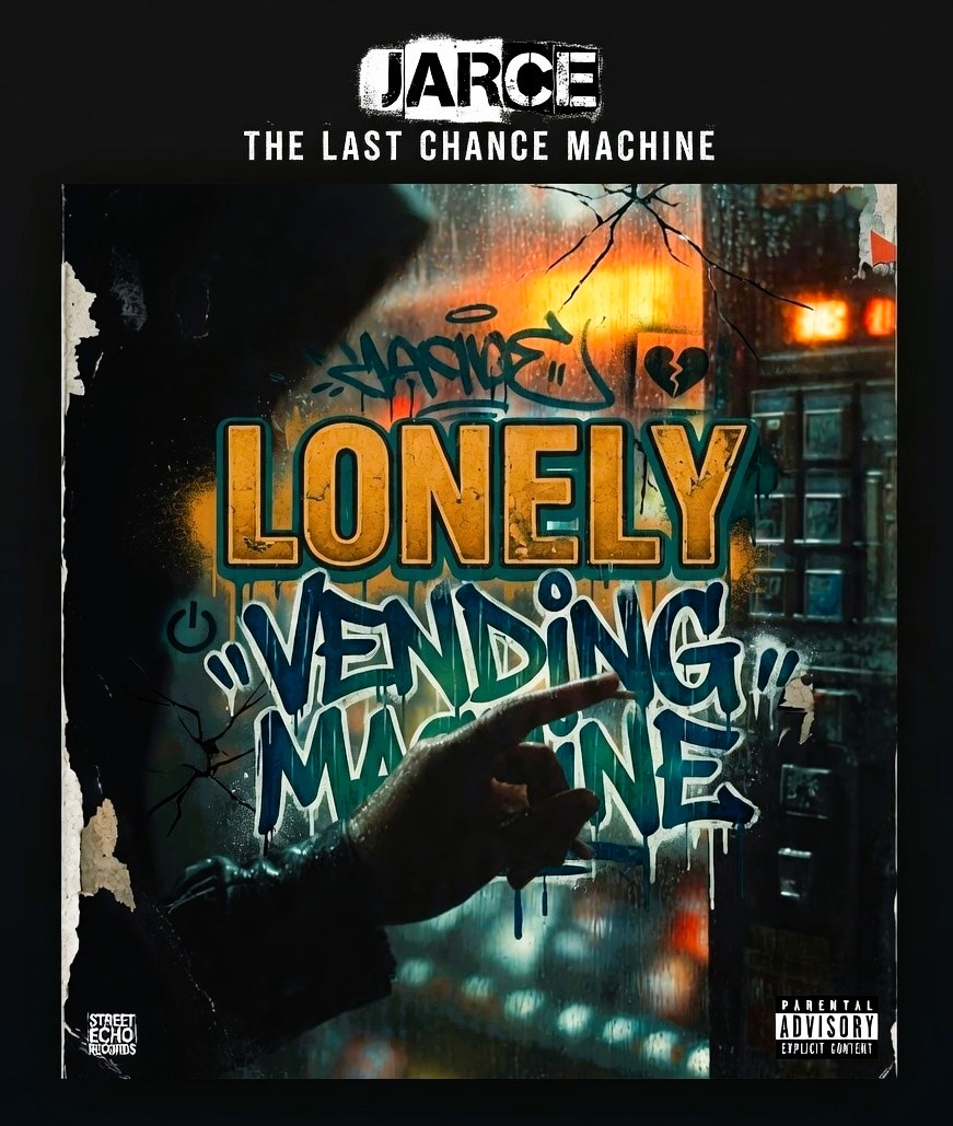 Lonely Vending Machine poster: worn graffiti lettering on wet glass, an outstretched hand and amber light.