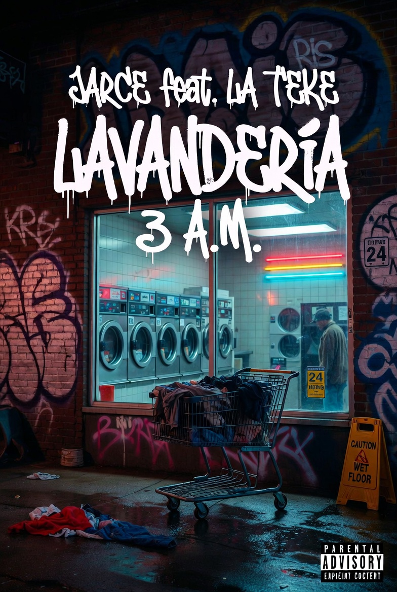 Lavandería 3 A.M. poster: white graffiti lettering above a neon laundromat, a shopping cart and wet pavement.